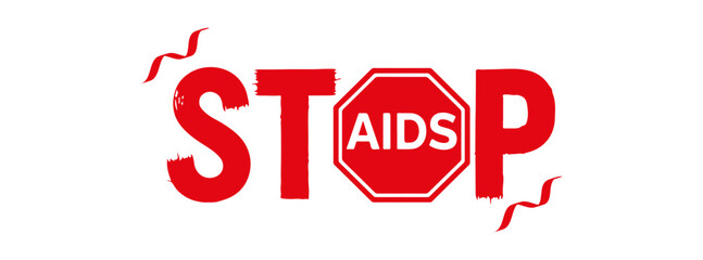 Bold "STOP AIDS" message in grunge style. Features "AIDS" within a red stop sign on black. Ideal as an EPS, JPG, or transparent PNG for awareness campaigns.