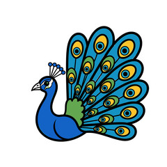 A stylized peacock with vibrant blue plumage and an elaborate tail fan, isolated on a white background.