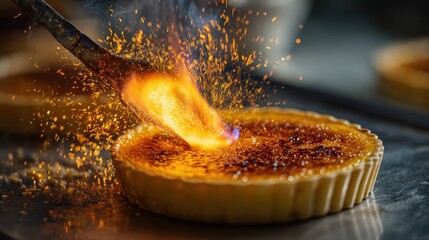 Crafting culinary delight: Torch caramelizing a crème brûlée tart with sparks.