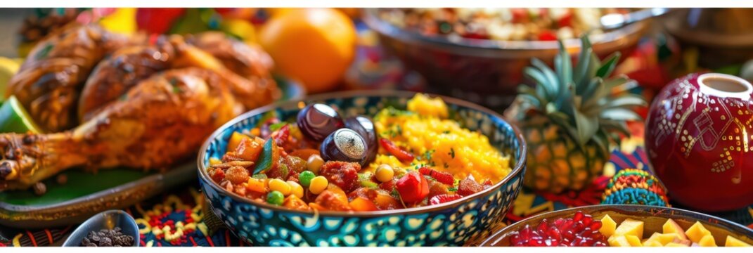 Kwanzaa festive table setting with traditional dishes and vibrant decorations