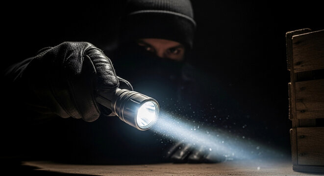 Male burglar in black disguise holding flashlight in hand. Crime and illegal entry concept for security alert website or news blog.