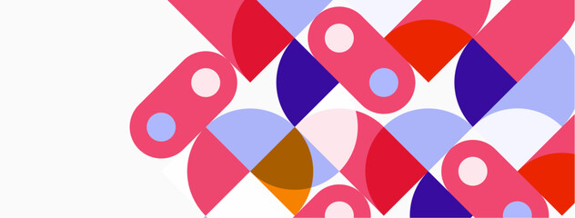 Obraz premium Abstract geometric shapes overlap, creating vibrant colorful pattern. Pink, purple, orange hues dominate white background. Modern design.