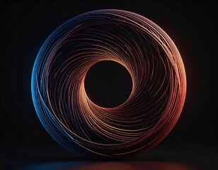 Glowing spiral-shaped structure with metallic, overlapping lines against a black backdrop