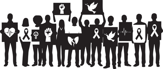 Diverse group of people holding signs celebrating international volunteer day with symbols of peace and support