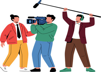 News reporting team vector illustration with cameraman, journalist, boom mic operator and media field broadcasting concept © Abdul