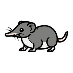 Obraz premium A cartoon illustration of a gray opossum with a white belly and black outline standing on a plain white background.