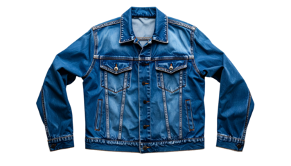 Faded blue denim jacket with pockets and silver buttons, flat lay