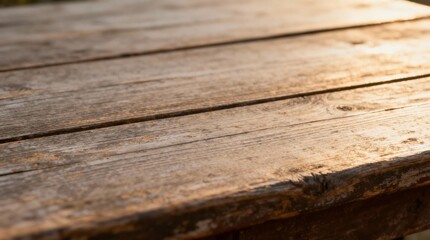 Fototapeta premium Rustic Weathered Wooden Table Surface in Warm Sunlight with Aged Planks and Natural Texture