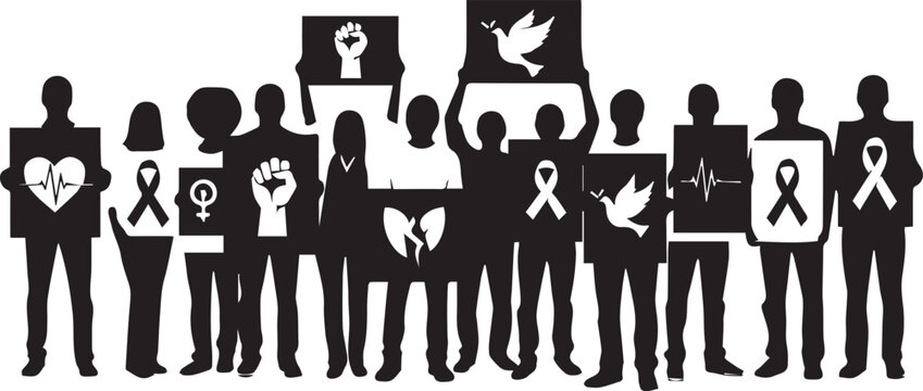 Diverse group of people holding signs celebrating international volunteer day with symbols of peace and support - Powered by Adobe