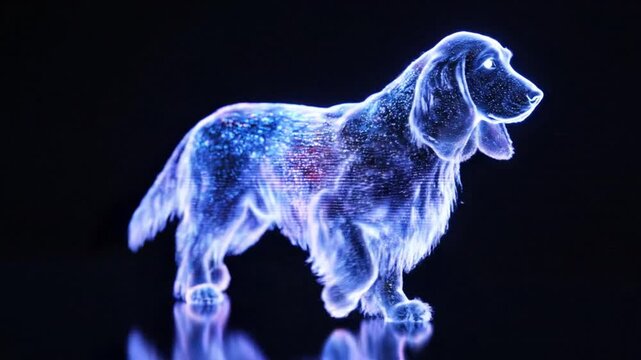 holographic Afghan Hound dog moving naturally, on a clean black background.