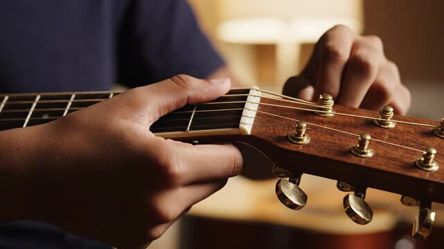 Close up of person tuning acoustic string instrument headstock