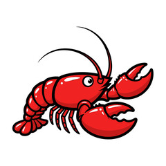 Cartoon illustration of a bright red lobster with large claws and antennae, isolated on a white background.