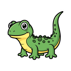 Naklejka premium Cartoon depiction of a smiling green lizard with spots and a yellow belly, standing on all fours.