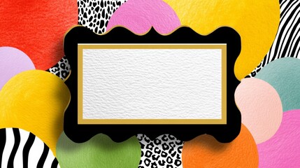 Colorful abstract background featuring vibrant circular shapes and a decorative black frame with a blank white space for text, ideal for creative design projects and invitations