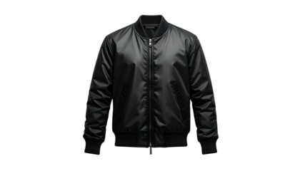 Sleek black bomber jacket displayed against a stark black background