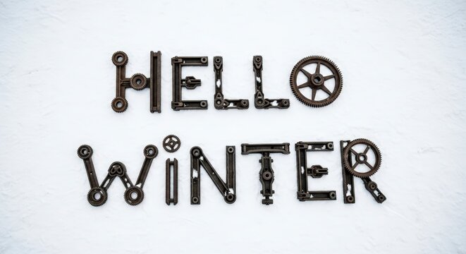 Creative industrial lettering 'Hello Winter' crafted from mechanical parts on a pristine white