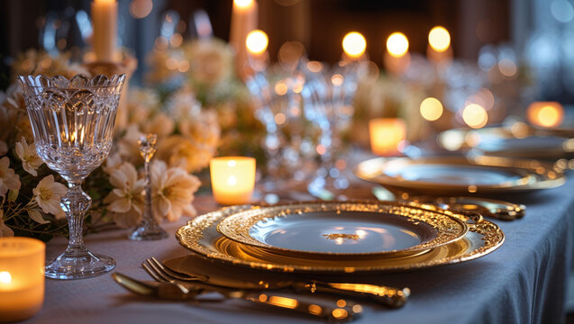 Elegant table setting with candles, gold plates, and crystal glassware