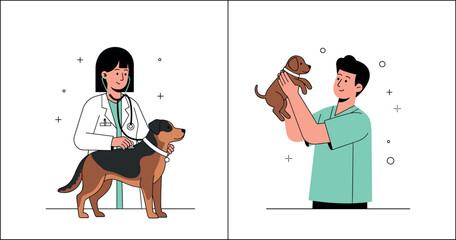Veterinarian with dog vector illustration, pet checkup and owner holding puppy in animal healthcare environment
