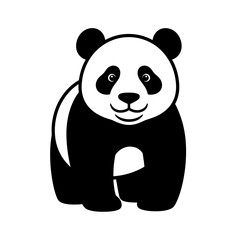 A stylized, black and white illustration of a smiling panda bear standing upright.