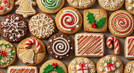 A colorful, festive arrangement of various Christmas cookies decorated with intricate red, white, and green icing designs.