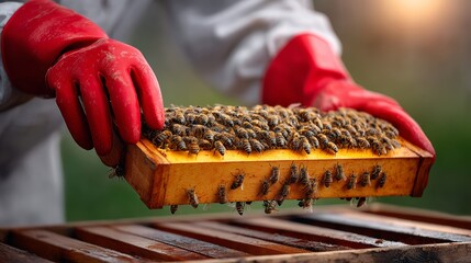 Beekeeper in protective gear, wearing red gloves, carefully handling a wooden frame filled with bees, showcasing the intricate process of beekeeping and honey production in a natural setting