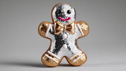 Sparkling gingerbread man plush toy with sequins, featuring a shiny bow tie and cheerful expression, perfect for festive decorations and holiday celebrations, adding charm to any space