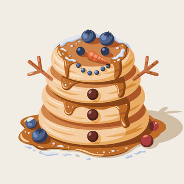 Snowman pancake stack dessert vector with pretzel stick arms &ndash; Suitable for cozy winter breakfast themes, holiday recipe materials, or food blogs.