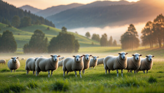 Flock of sheep grazing in a lush green pasture at sunrise - Powered by Adobe