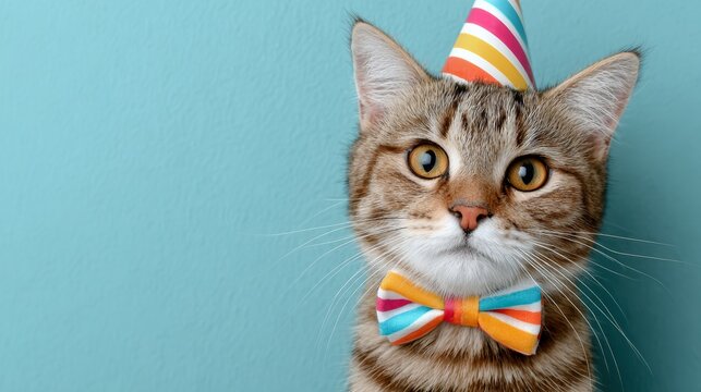 Playful tabby cat wearing colorful party hat and bow tie, posing against a vibrant blue background, celebrating a festive occasion with cheerful expression and charming demeanor