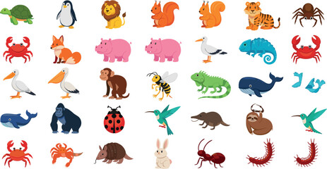 Wild animal icon set with diverse species including birds, insects, mammals, sea creatures and wildlife illustration collection