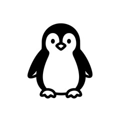 Simple black and white illustration of a cute, cartoon penguin standing upright.