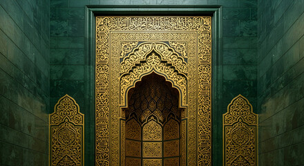 A richly decorated golden niche with elaborate Islamic patterns and script against a deep teal wall.