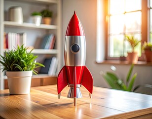 A red and silver toy rocket on a wooden table, with sunlight streaming in a window