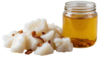 Glass jar of yellow beef lard oil and heap of white solid animal fat