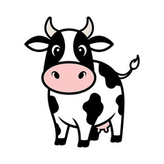 A cartoon illustration of a happy cow with black and white spots, standing.