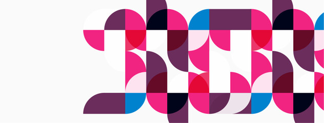 Obraz premium Abstract geometric design. Circles, semicircles create bold text. Pink, purple, blue hues dominate white background. Modern aesthetic.