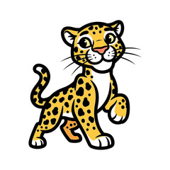 Cartoon illustration of a walking cheetah with distinctive spotted pattern, smiling.