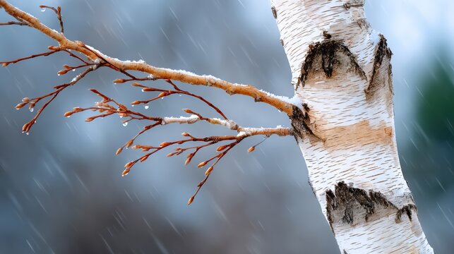 Close-up of birch tree branch with delicate buds and snowflakes falling gently, showcasing the beauty of nature in winter, highlighting textures and serene atmosphere of the season