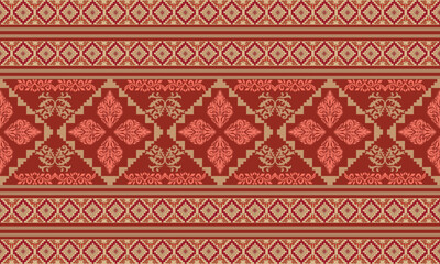 Obraz premium Maroon and Beige Ethnic Textile Pattern, Seamless Traditional Geometric Design, Digital Fabric Print, Ornate Wallpaper. 