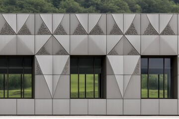 Close-up of modern building facade with grey metal panels and triangular cutouts, featuring large windows with green views, for architecture and design projects.