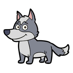 Cartoon illustration of a gray wolf standing with a happy expression.