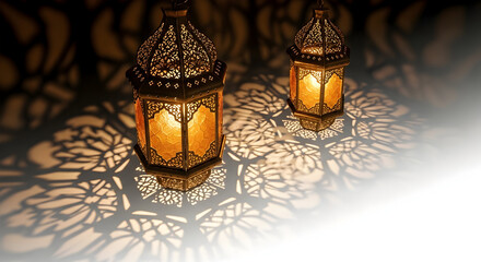 Two ornate, golden lanterns hang, casting intricate shadows on a surface, creating a warm and inviting atmosphere.