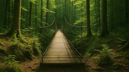 A narrow suspension bridge made of wooden planks stretches straight into a lush green forest, framed by tall mossy trees and dappled sunlight. The inviting path across the ravine feels both mysterious - Powered by Adobe