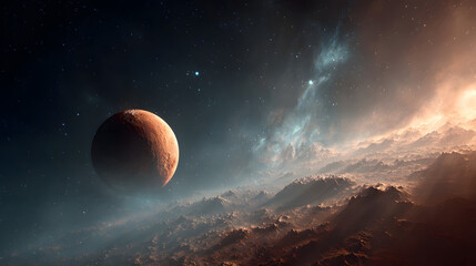 Mars the fourth planet from the sun rotates in space with a nebula and stars in the background. A celestial body orbiting our solar system s star a cosmic dance amidst galactic dust