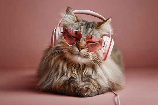 Lustige Katzen mit Herzbrillen und Kopfh&ouml;rern &ndash; Valentinstag Humor