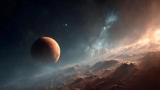 Mars the fourth planet from the sun rotates in space with a nebula and stars in the background. A celestial body orbiting our solar system s star a cosmic dance amidst galactic dust