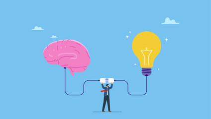 Businessman connect plug with lightbulb idea to human brain. Creativity idea brainstorming, wisdom or imagination to success, connecting new idea or innovation, intelligence or solution.