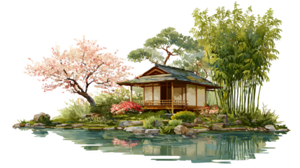 A small, traditional Japanese tea house nestled beside a meticulously manicured pond, surrounded by serene bamboo and cherry blossoms, isolated on a Transparent background