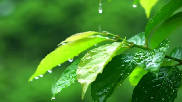 Close up of wet green leaf after rain with water drops falling
