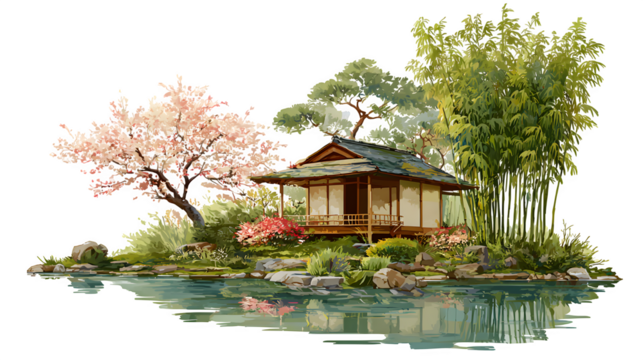 A small, traditional Japanese tea house nestled beside a meticulously manicured pond, surrounded by serene bamboo and cherry blossoms, isolated on a Transparent background